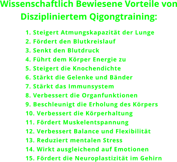 Wissenschaftlich Bewiesene Vorteile von Diszipliniertem Qigongtraining: 1. Steigert Atmungskapazitt der Lunge 2. Frdert den Blutkreislauf 3. Senkt den Blutdruck 4. Fhrt dem Krper Energie zu 5. Steigert die Knochendichte 6. Strkt die Gelenke und Bnder 7. Strkt das Immunsystem 8. Verbessert die Organfunktionen 9. Beschleunigt die Erholung des Krpers 10. Verbessert die Krperhaltung 11. Frdert Muskelentspannung 12. Verbessert Balance und Flexibilitt 13. Reduziert mentalen Stress 14. Wirkt ausgleichend auf Emotionen 15. Frdert die Neuroplastizitt im Gehirn