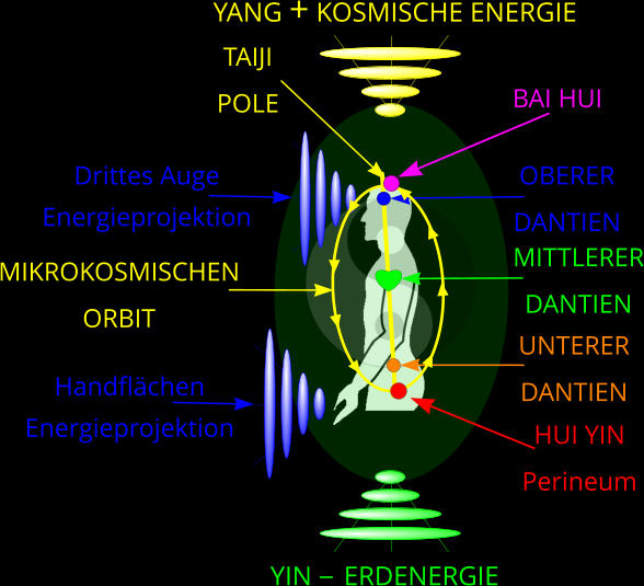 YANG + KOSMISCHE ENERGIE YIN    ERDENERGIE OBERER DANTIEN TAIJI POLE MITTLERER DANTIEN UNTERER DANTIEN MIKROKOSMISCHEN ORBIT Drittes Auge Energieprojektion Handflchen Energieprojektion BAI HUI HUI YIN Perineum